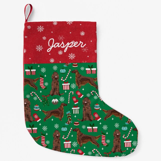 Meia De Natal Pequena Nome personalizado do Irish Setter Dog Christmas (Frente)