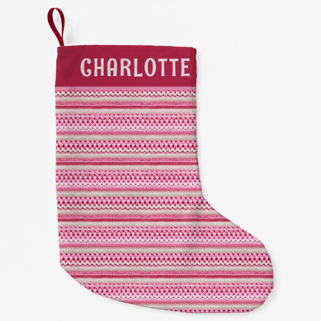 Meia De Natal Pequena Nome Personalizado do Knit Faux Rosa de Natal (Frente)