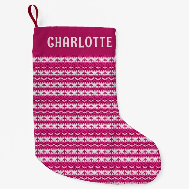Meia De Natal Pequena Nome Personalizado do Knit Faux Rosa de Natal (Frente)