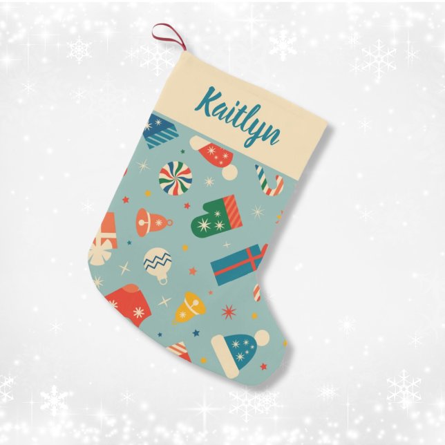 Meia De Natal Pequena Nome Personalizado do Padrão de Natal Retroativo (Retro Christmas Pattern Custom Name Small Christmas Stocking
)