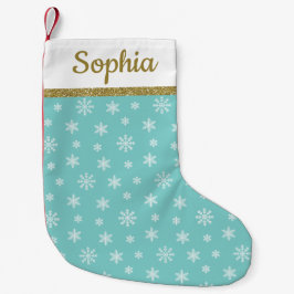 Meia De Natal Pequena Nome personalizado do padrão Turquoise Snowflakes