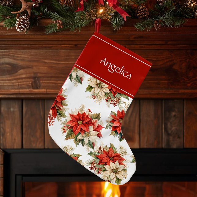 Meia De Natal Pequena Nome Personalizado do Poinsettias (Criador carregado)