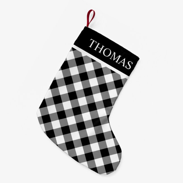 Meia De Natal Pequena Nome Personalizado Gingham Branco Preto (Frente (Pendurada))