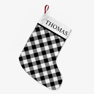Meia De Natal Pequena Nome Personalizado Gingham Branco Preto