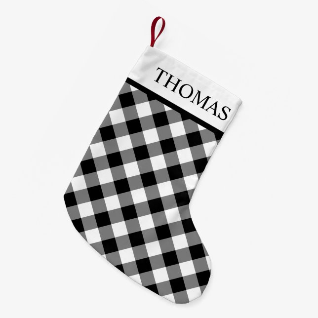 Meia De Natal Pequena Nome Personalizado Gingham Branco Preto (Frente (Pendurada))