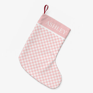 Meia De Natal Pequena Nome Personalizado Gingham Branco Rosa