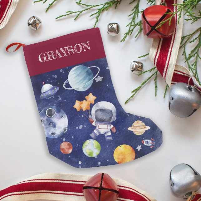Meia De Natal Pequena Nome personalizado Kids Astronaut Galaxy Space (custom Name Kids Astronaut Galaxy Space Small Christmas Stocking)