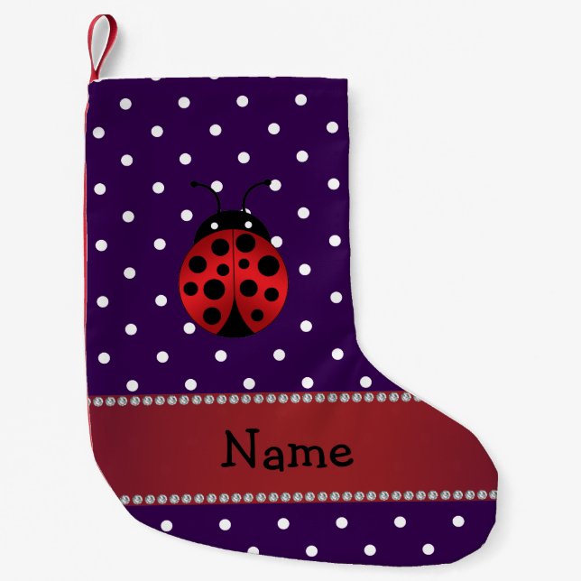 Meia De Natal Pequena Nome personalizado ladybug bolinhas roxas (Frente)