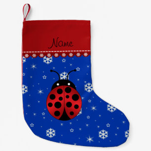 Meia De Natal Pequena Nome personalizado ladybug flocos de neve azuis