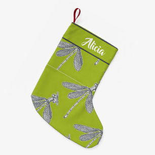 Meia De Natal Pequena Nome personalizado libélula em verde
