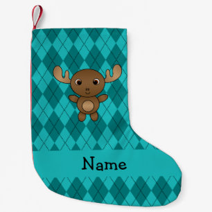 Meia De Natal Pequena Nome personalizado moose turquesa argyle