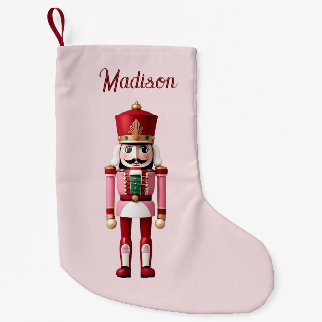 Meia De Natal Pequena Nome Personalizado Nutcracker Vermelho Rosa Natal (Frente)