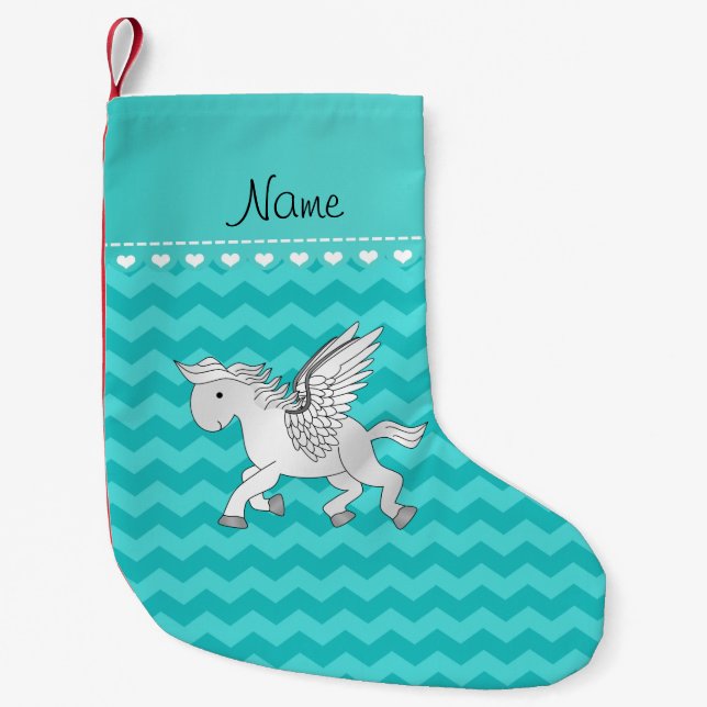 Meia De Natal Pequena Nome personalizado pegasus turquoise chevrons (Frente)