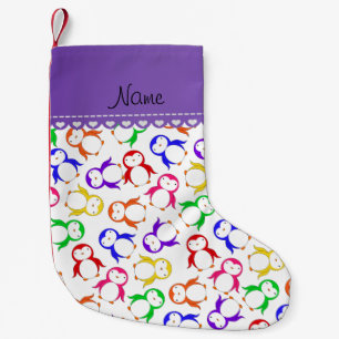Meia De Natal Pequena Nome personalizado pinguins arco-íris brancos