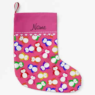 Meia De Natal Pequena Nome personalizado pinguins-arco-íris cor-de-rosa