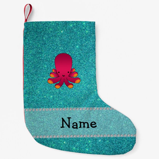 Meia De Natal Pequena Nome personalizado polvo turquoise glitter (Frente)