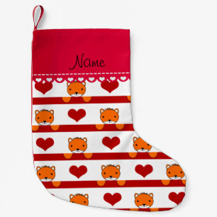 Meia De Natal Pequena Nome personalizado raposas brancas tiras de coraç