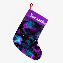 Meia De Natal Pequena Nome Personalizado Roxo e Galáxico Azul
