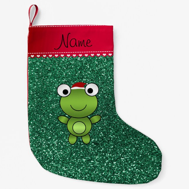 Meia De Natal Pequena Nome personalizado sapo mint brilho verde (Frente)