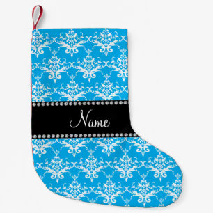 Meia De Natal Pequena Nome personalizado sky blue white damask