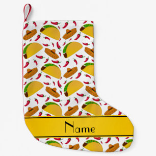 Meia De Natal Pequena Nome personalizado tacos sombreros chilis brancos