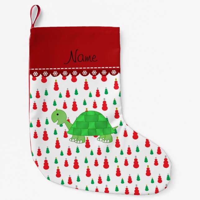 Meia De Natal Pequena Nome personalizado tartaruga verde-vermelha-neve (Frente)