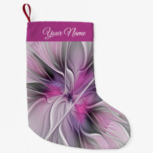 Meia De Natal Pequena Nome Próprio da Cinza rosa Floral Fractal Abstrato