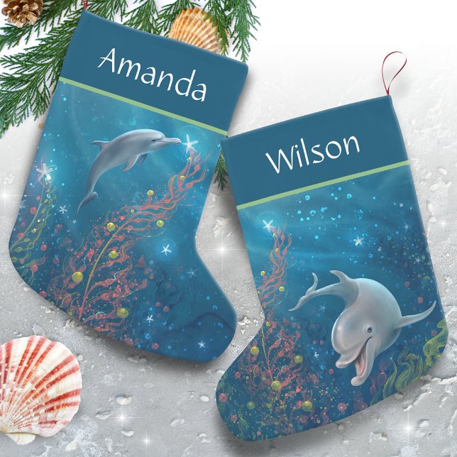 Meia De Natal Pequena Nome Único de Golfinho Magical Pensado em Praia (Add your personalized name to these unique Dolphin Christmas Stockings.)
