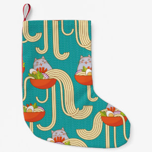 Meia De Natal Pequena Noodles Engraçado Gatos Turquesa Fundo