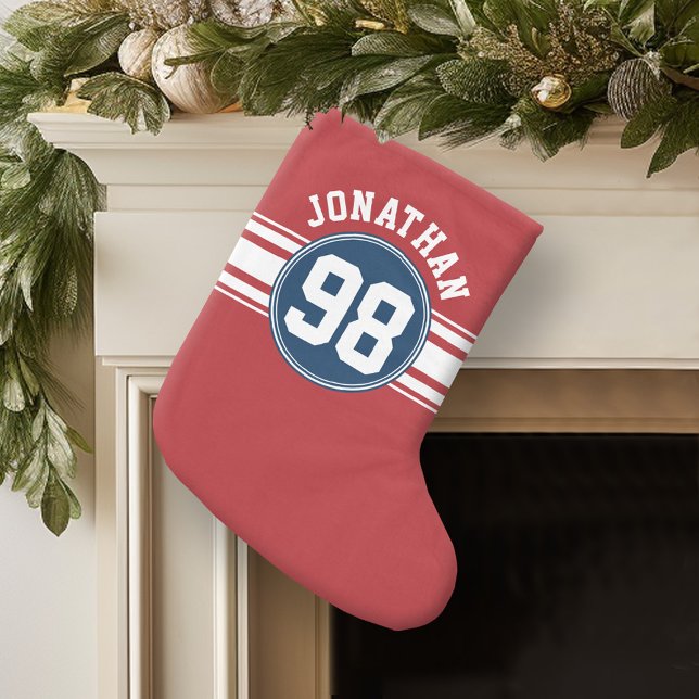 Meia De Natal Pequena Número de Nome do Marinho Azul e Stripes Vermelhas (Personalized Christmas Stocking)