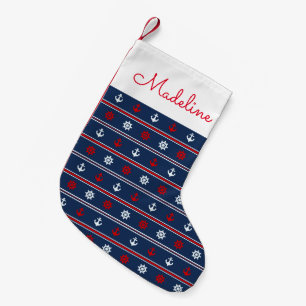 Meia De Natal Pequena O teste padrão náutico branco e azul vermelho  
