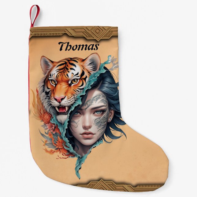 Meia De Natal Pequena O tigre e a mulher, força e graça. (Frente)