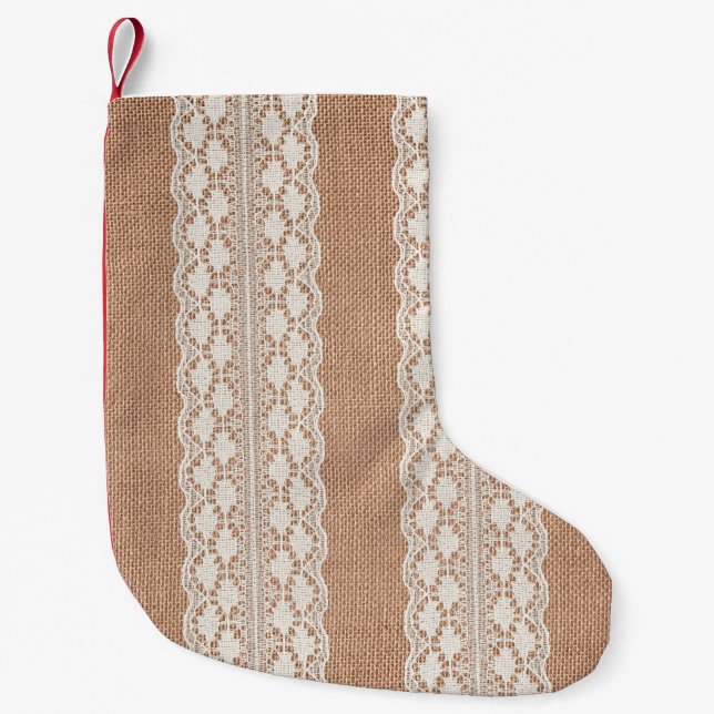 Meia De Natal Pequena Off-White Lace on Brown Burlap Texture (Frente)