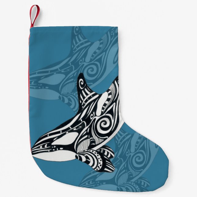 Meia De Natal Pequena Orca Killer Whale Tlingue Indigo Blue ink (Frente)