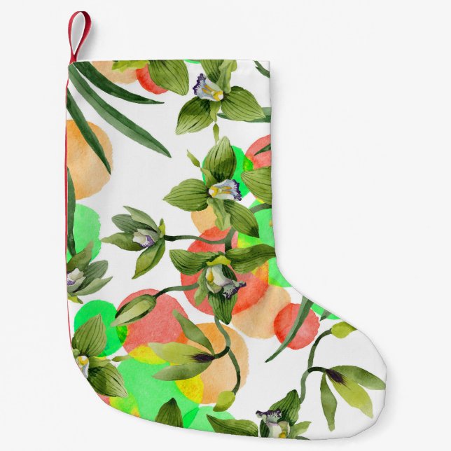 Meia De Natal Pequena Orquídeas verdes: flor de aquarela sem costura. (Frente)