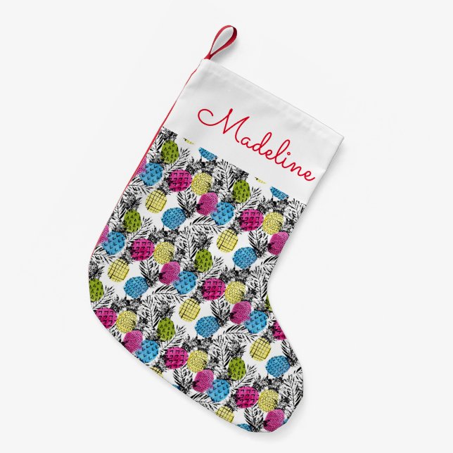 Meia De Natal Pequena Os abacaxis e as folhas de palmeira do pop art | (Frente (Pendurada))