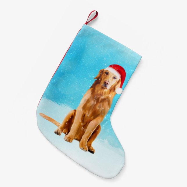 Meia De Natal Pequena Ouro Retriever Cachorro Em Neve Com Chapéu De Nata (Frente (Pendurada))