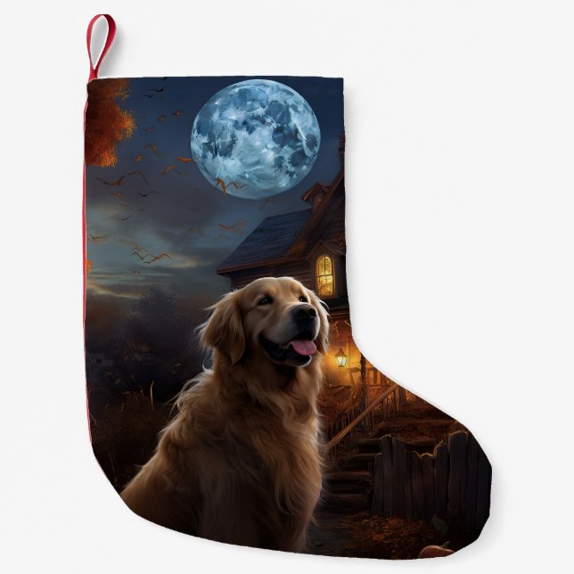 Meia De Natal Pequena Ouro Retriever Halloween Ascariado (Frente)