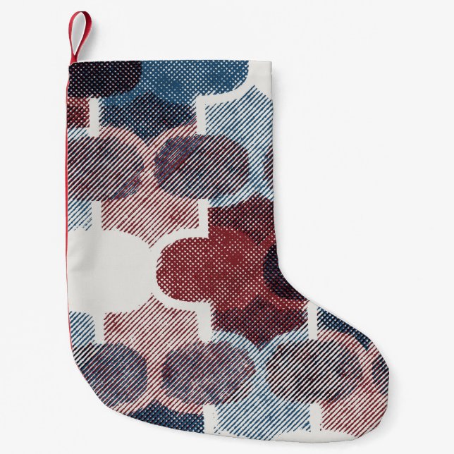 Meia De Natal Pequena Padrão Azul Abstrato vermelho geométrico (Frente)