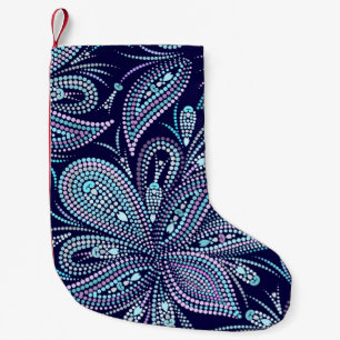Meia De Natal Pequena Padrão azul cotado com paisley e miçangas. Orname