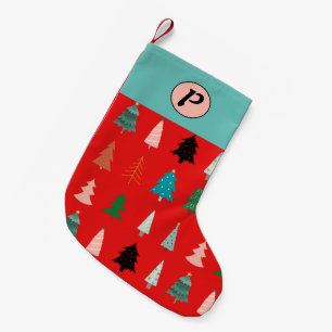 Meia De Natal Pequena Padrão cúmulo monograma de árvores vermelhas color