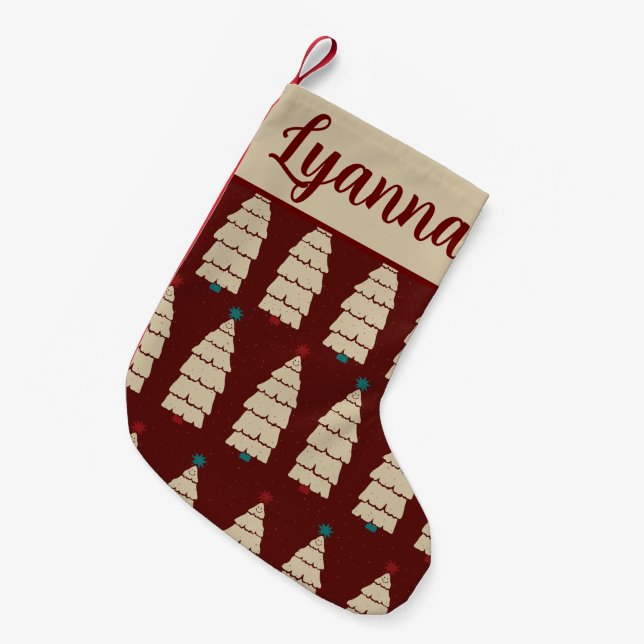 Meia De Natal Pequena Padrão de Árvore Vermelha Burgundy Retro Cozy Nata (Frente (Pendurada))