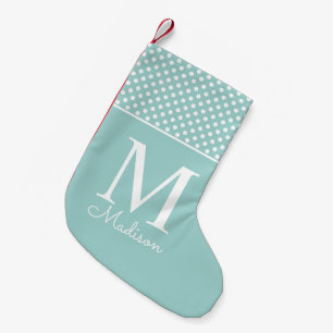 Meia De Natal Pequena Padrão de bolinhas verde-teal moderno monograma no