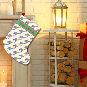 Meia De Natal Pequena Padrão de Dinossauro Usando Chapéu de Papai Noel A