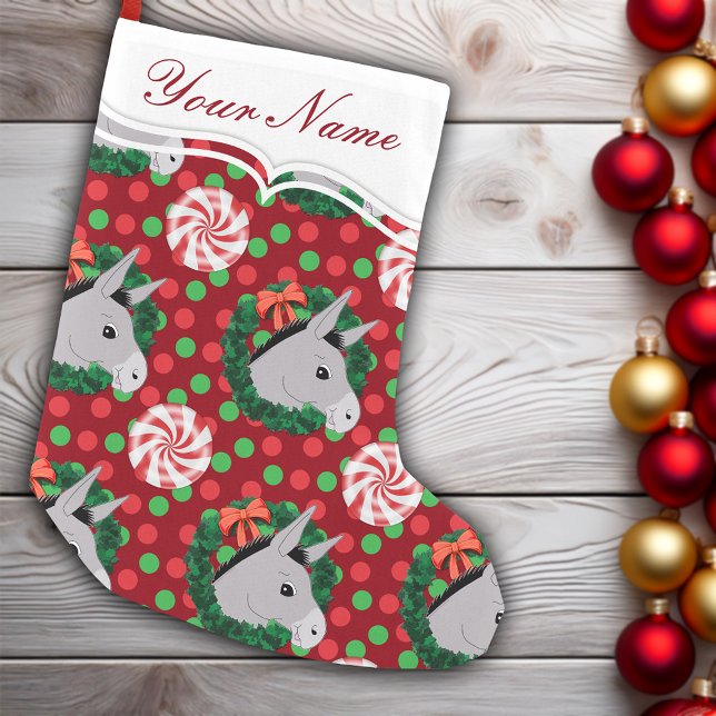 Meia De Natal Pequena Padrão de Doação do Wreath Natal Personalizado (Christmas Donkey Wreath Candy Pattern Personalized Small Christmas Stocking)