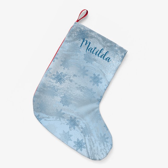 Meia De Natal Pequena Padrão de floco de neve de brilho azul Elegante (Frente (Pendurada))