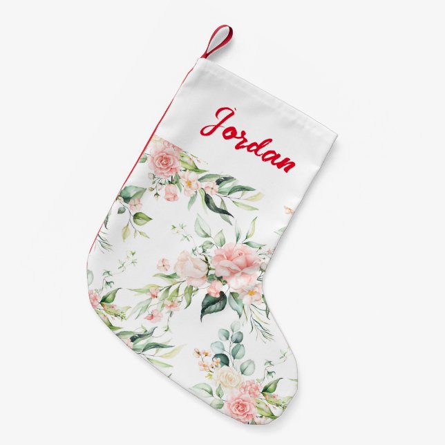 Meia De Natal Pequena Padrão de Flor Rosa Rosa Cor-de-Rosa Mole (Frente (Pendurada))