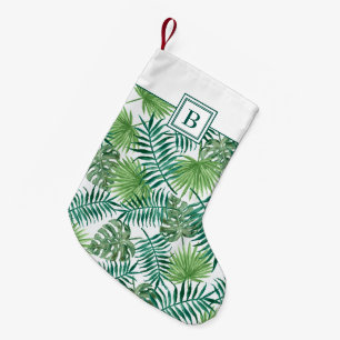 Meia De Natal Pequena Padrão de Folhas Tropicais Monograma