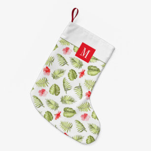 Meia De Natal Pequena Padrão de Folhas Tropicais, Monograma, Rosa