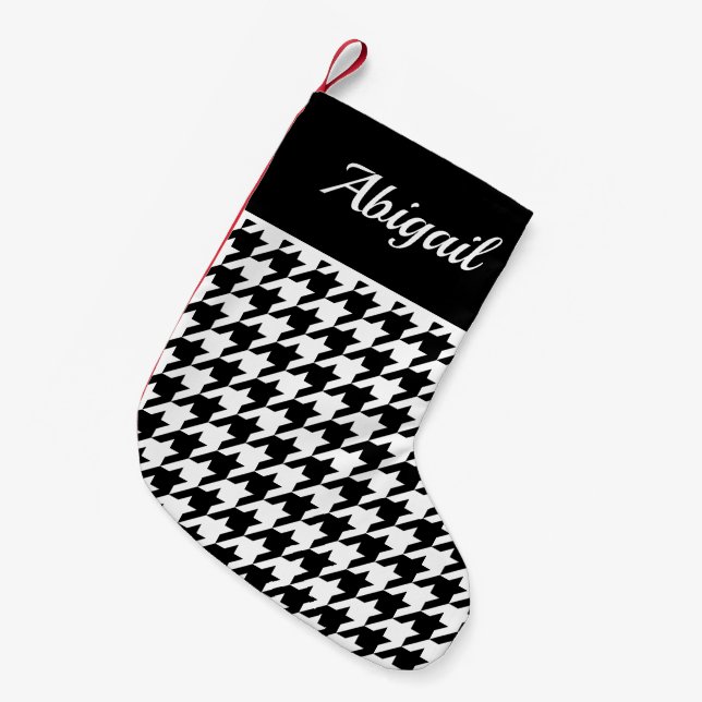 Meia De Natal Pequena Padrão de Houndstooth Personalizado Branco Preto (Frente (Pendurada))